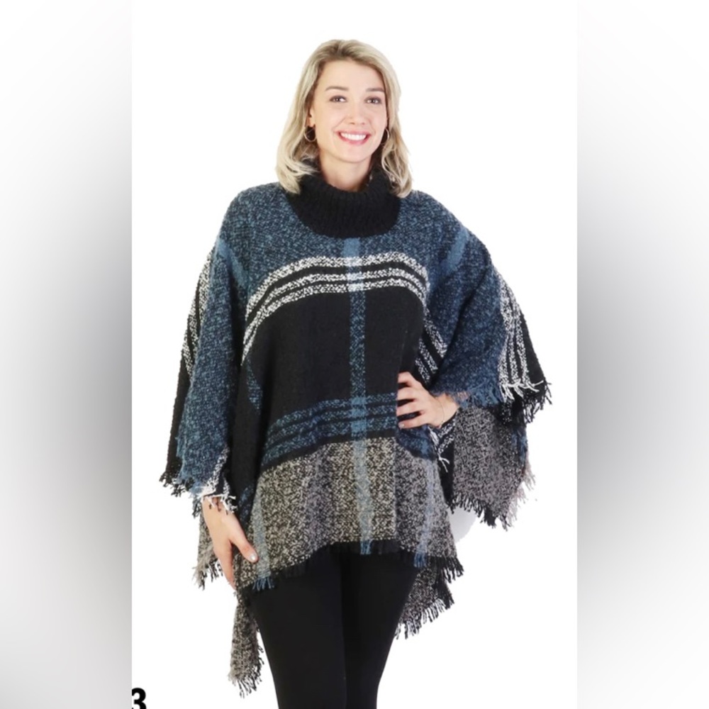 Lola B Turtleneck Blue Black Fringe Soft poncho sweater